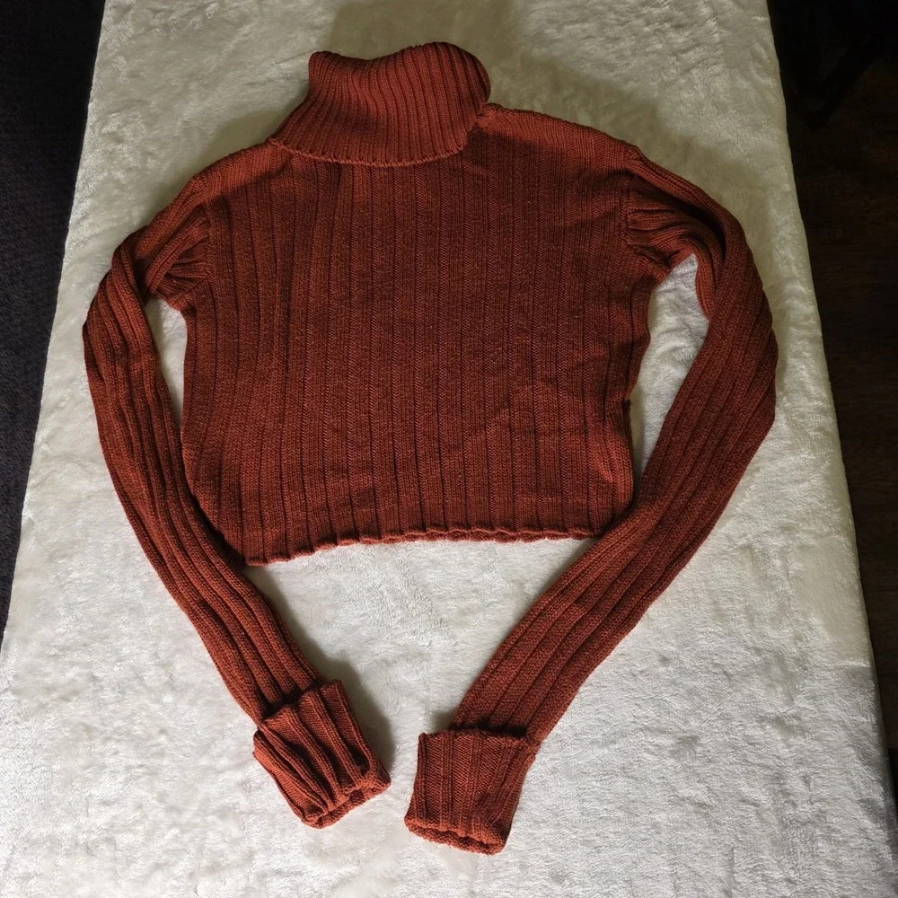Women's Rust Color Fall Crop Sweater Turtleneck Long‎ Sleeve, Soft Ribbed